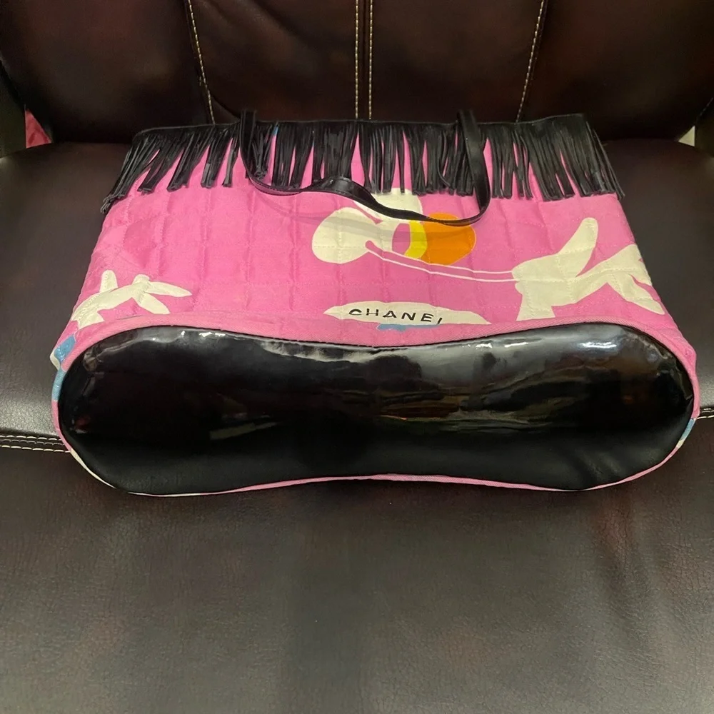 CHANEL vintage Pink Quilted Tote with Black Fringe and Colorful Accents